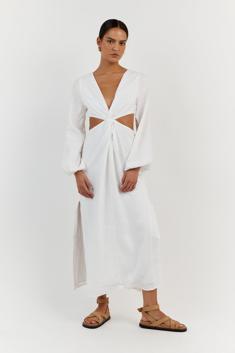 TINA WHITE LINEN MIDI DRESS
