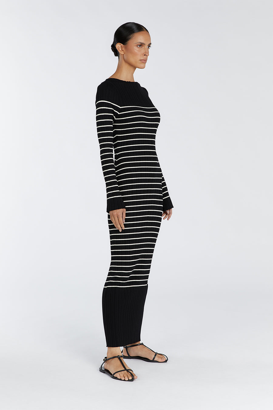BILLIE BLACK STRIPE LONG SLEEVE MIDI DRESS