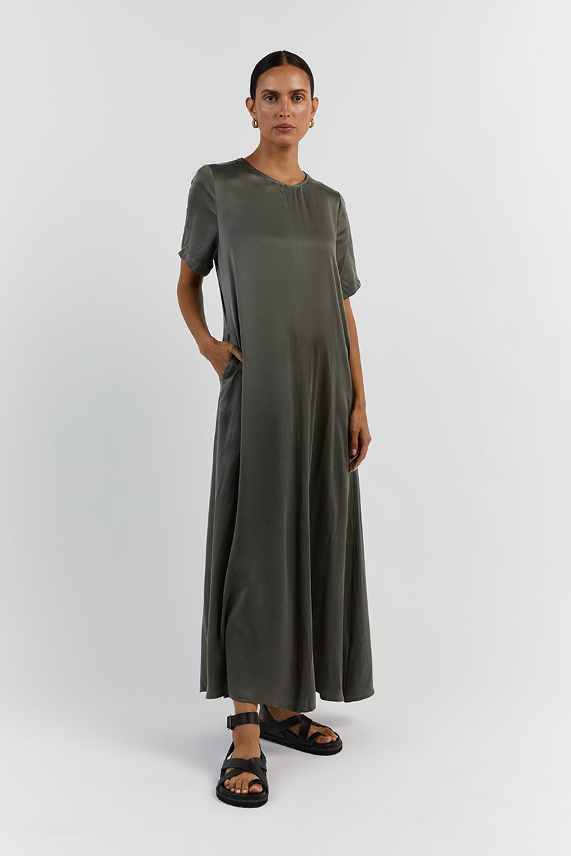 LAYLA DARK OLIVE SILK SHORT SLEEVE DRESS