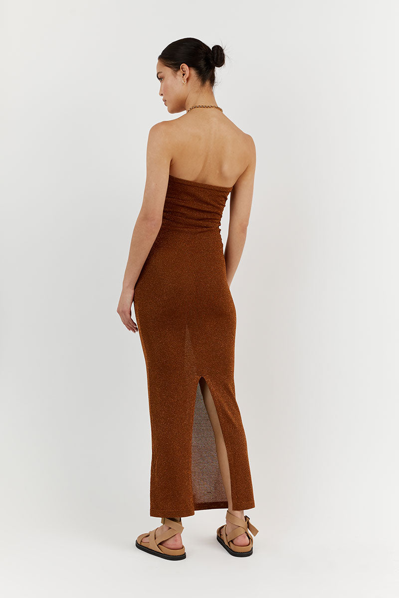 NICO BURNT ORANGE METALLIC MIDI DRESS
