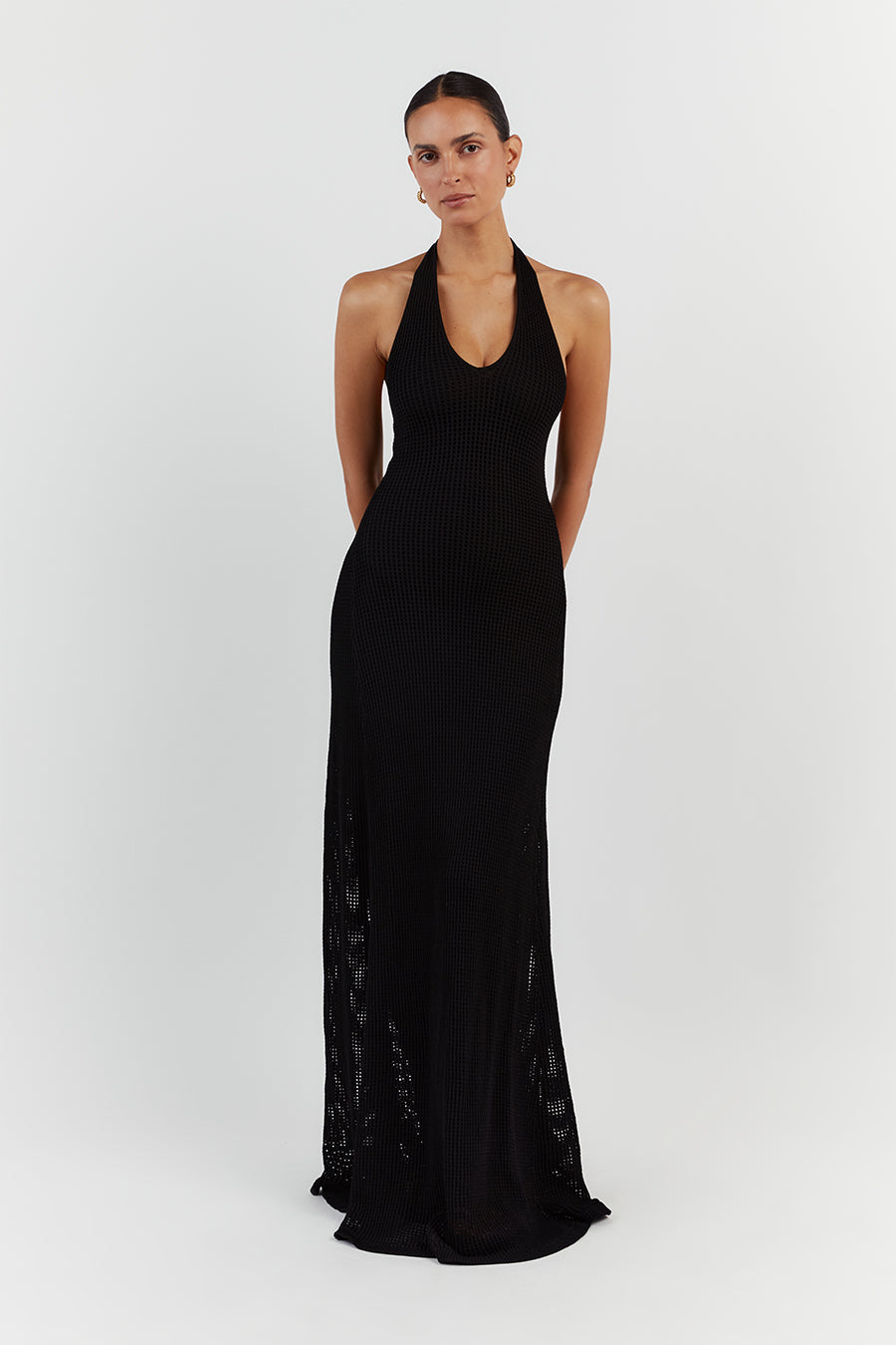 OPHELIA BLACK CROCHET HALTER MIDI DRESS