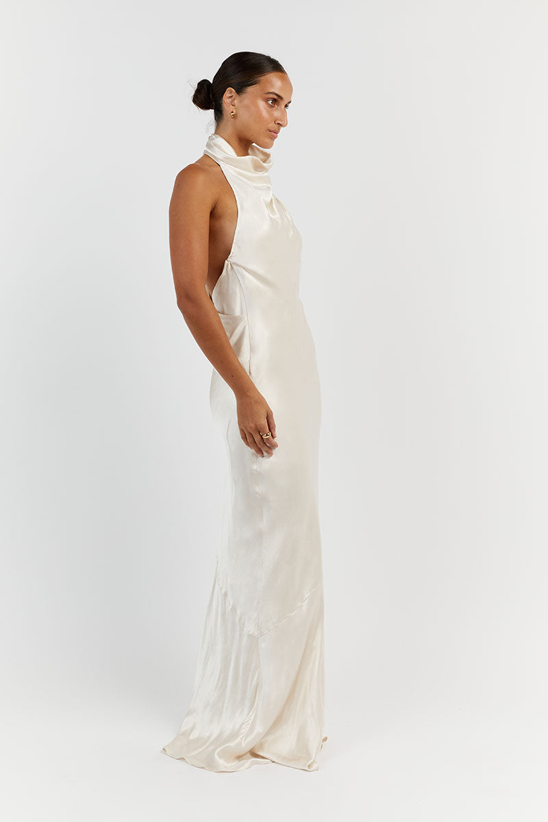 AISLE PEARL SATIN BACKLESS MIDI DRESS