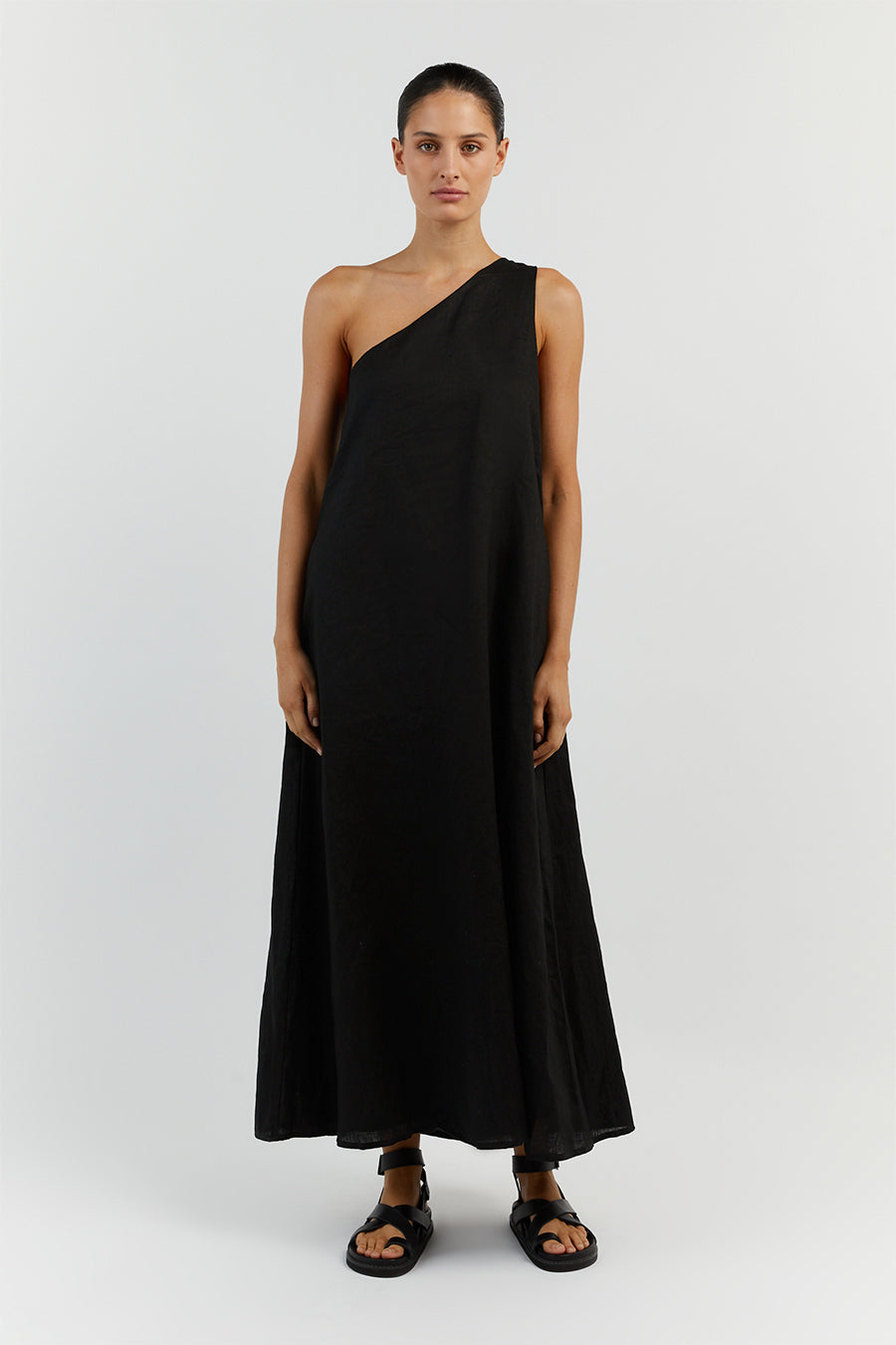 AMBER BLACK ONE SHOULDER MIDI DRESS