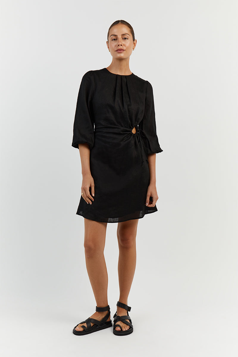 BEAU BLACK LINEN SLEEVED MINI DRESS