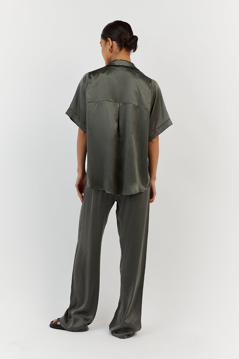 EVANS DARK OLIVE SILK VACATION SHIRT