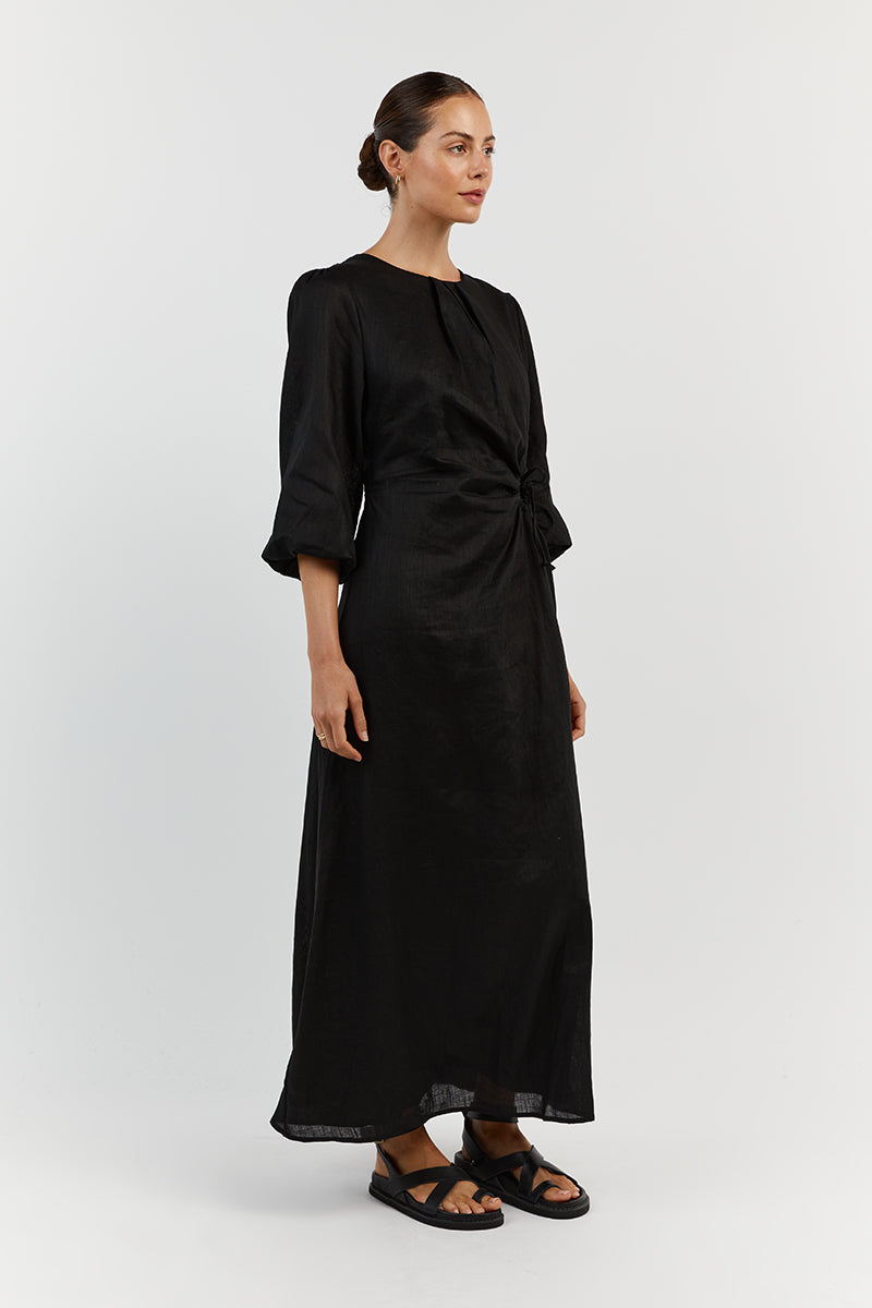 BEAU BLACK SLEEVED LINEN MIDI DRESS