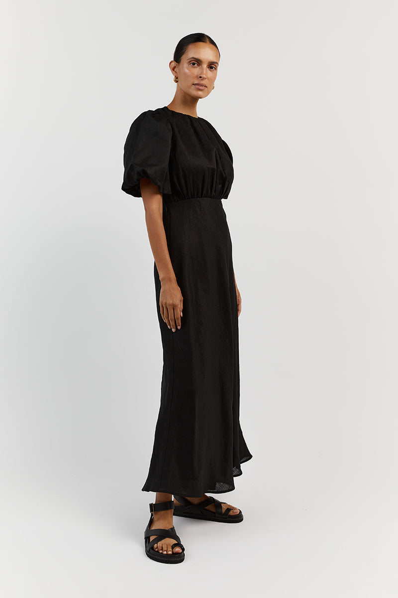 NAT BLACK LINEN GATHERED MIDI DRESS