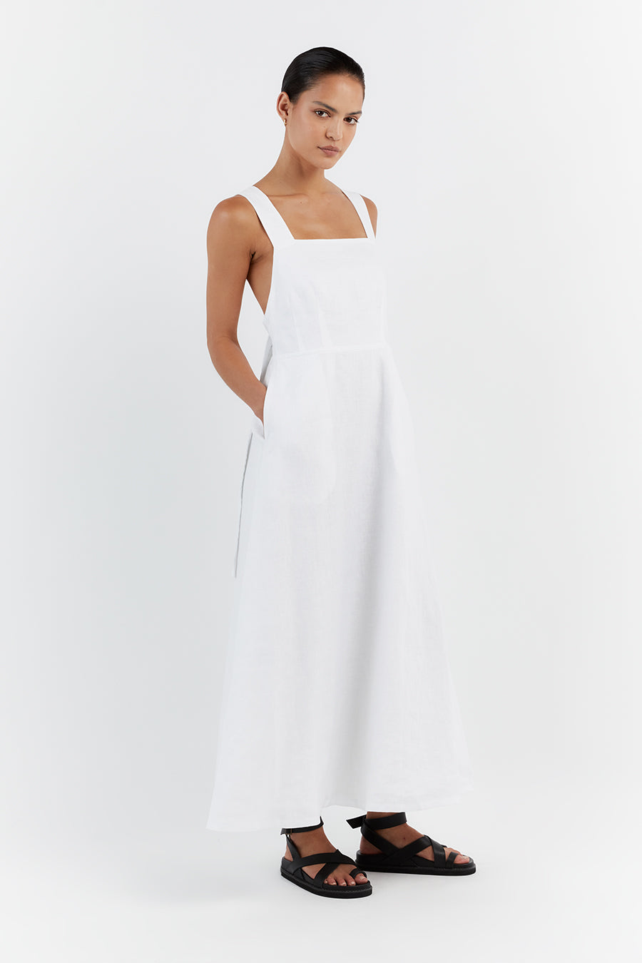 ZADIE WHITE APRON LINEN MIDI DRESS