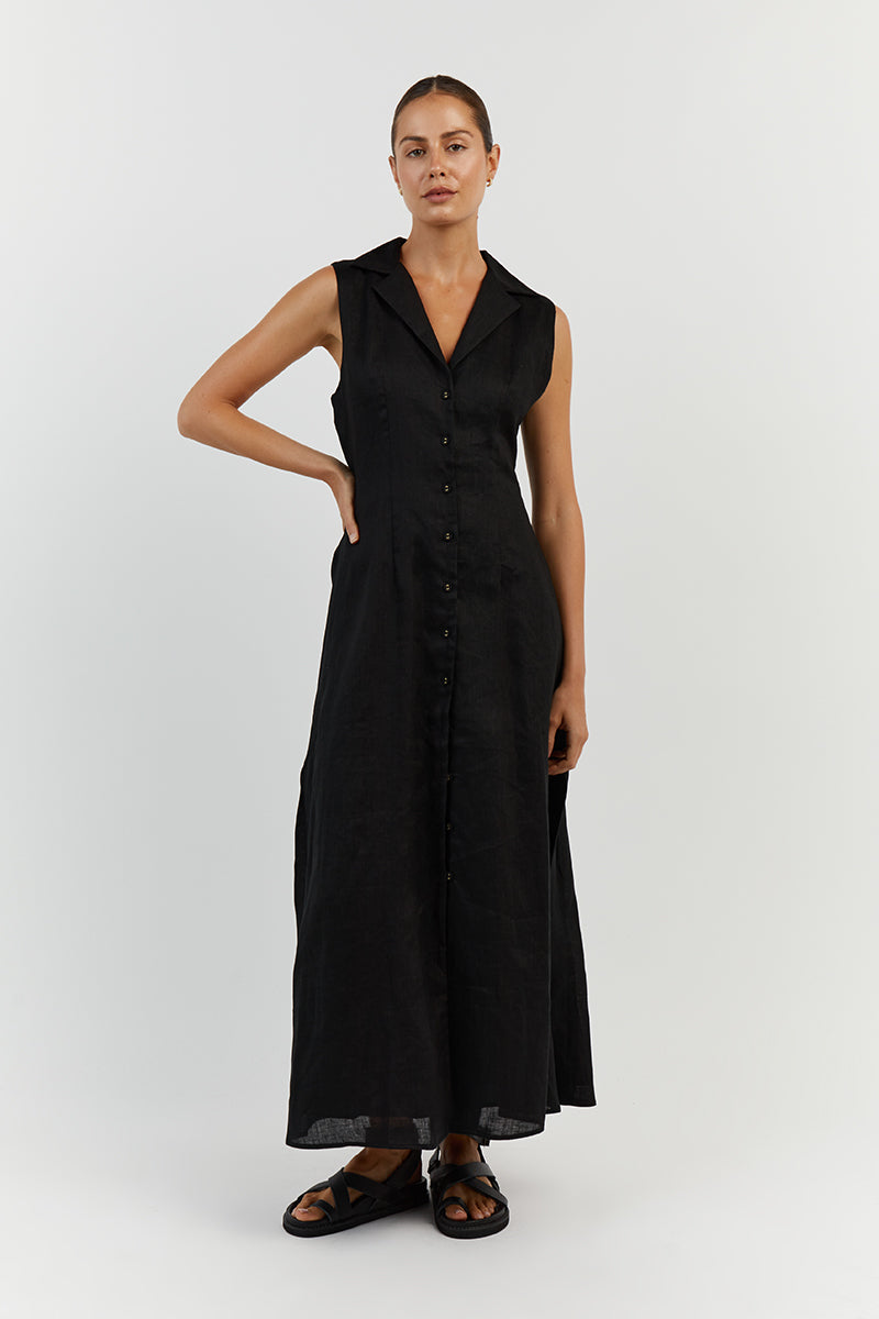 DREW BLACK LINEN SLEEVELESS DRESS
