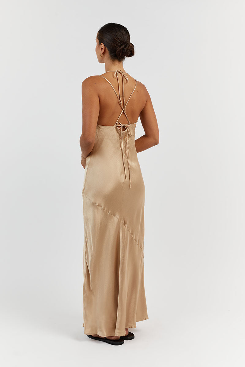CHARLI GOLD SATIN MIDI DRESS