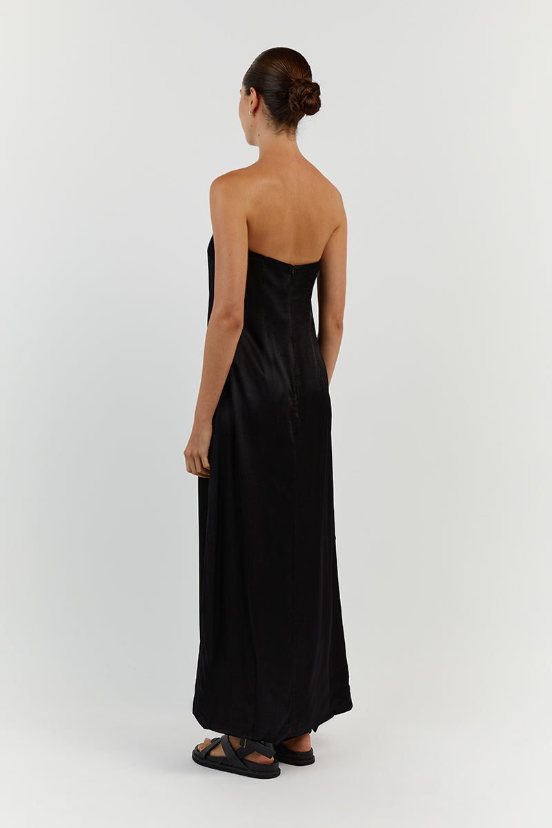 MIA BLACK STRAPLESS SATIN MIDI DRESS