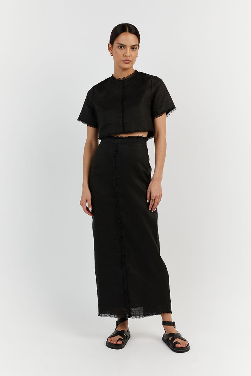 GEORGIE BLACK LINEN FRINGE CROP TOP