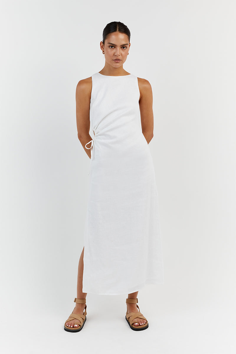 BEAU WHITE LINEN MIDI DRESS