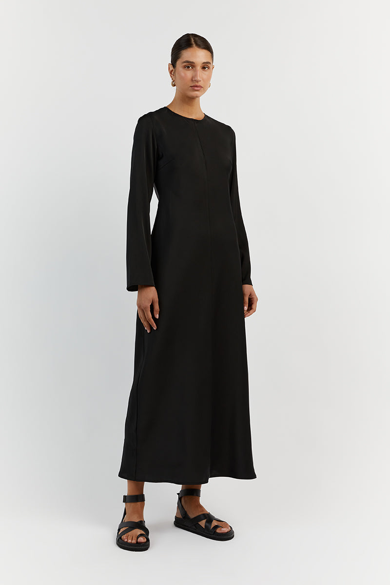 BLOOM BLACK SATIN LONG SLEEVE DRESS