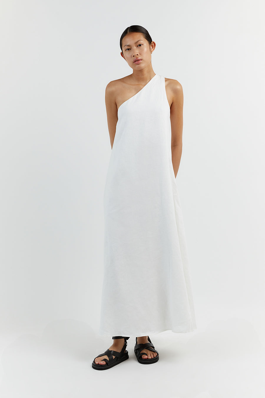 AMBER WHITE ONE SHOULDER MIDI DRESS
