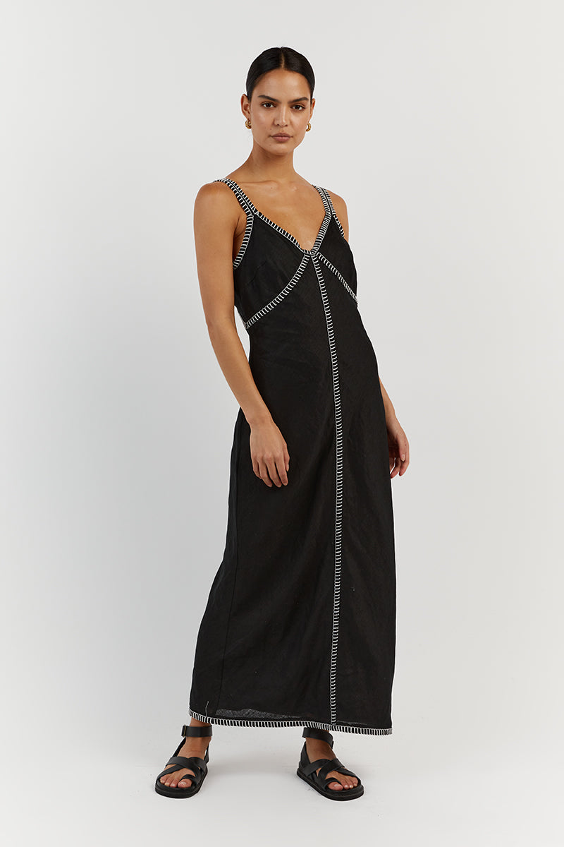 BELLA BLACK LINEN SLIP MIDI DRESS