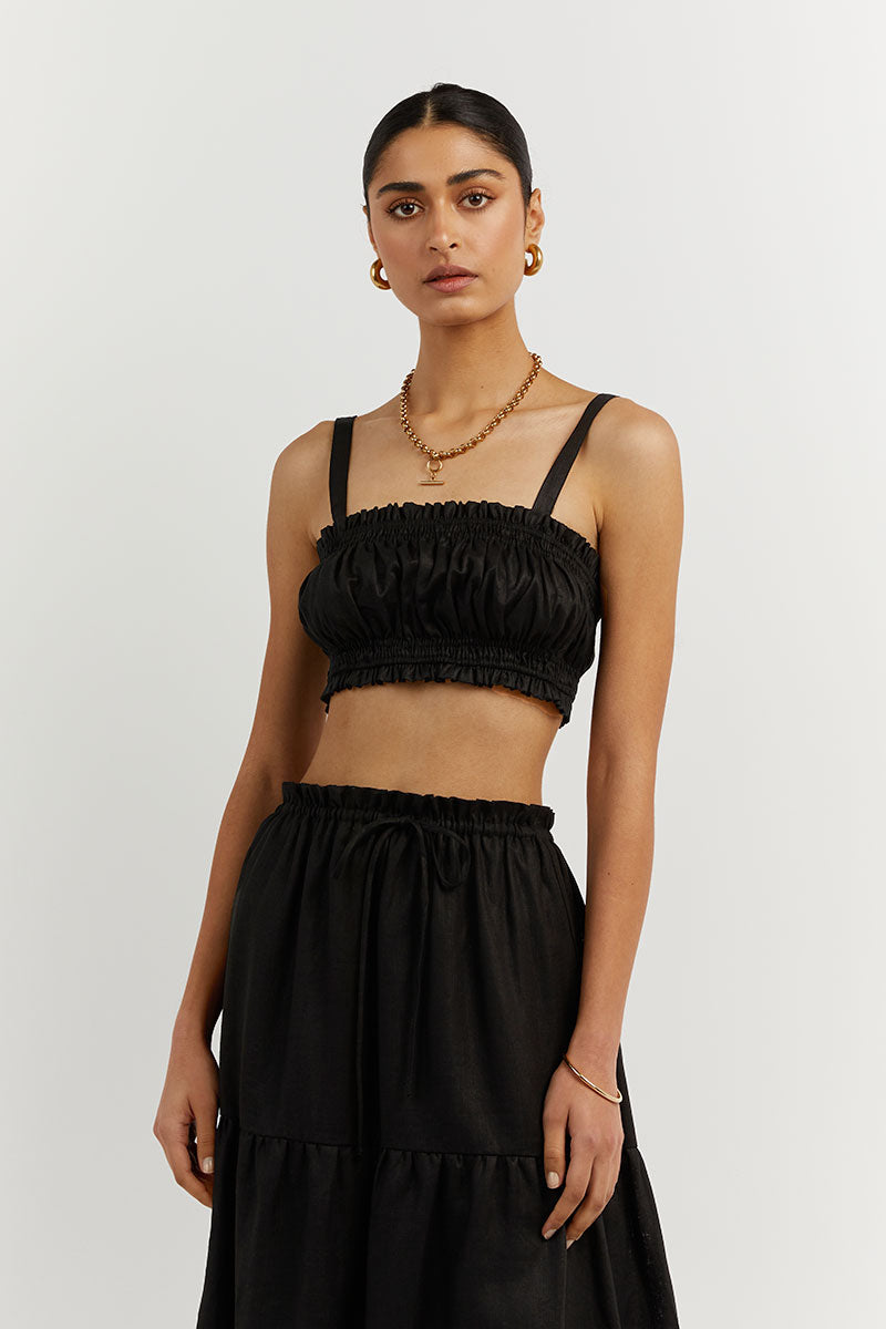 BONNIE BLACK GATHER LINEN CROP TOP