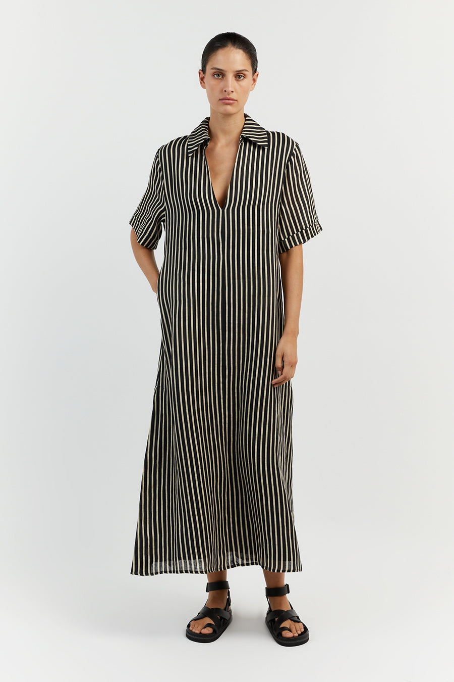 RORY BLACK LINEN SLEEVED MIDI DRESS