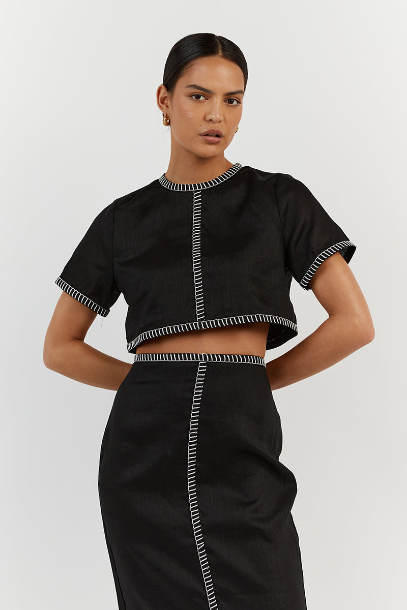 BELLA BLACK LINEN CROP TOP