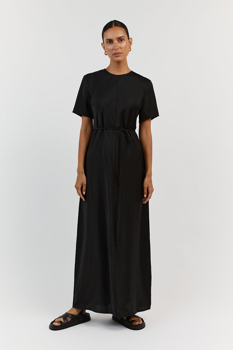 BLOOM BLACK SATIN SLEEVE MIDI DRESS