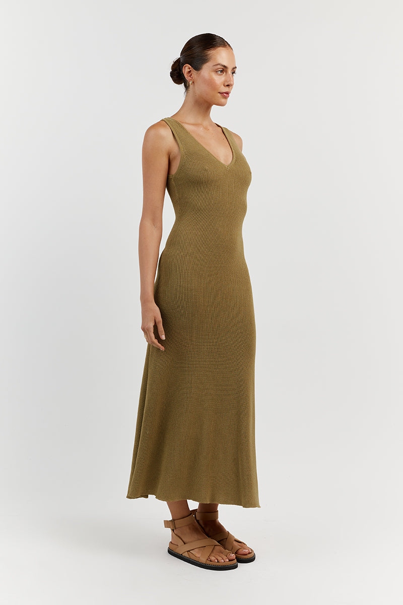 ASHER PISTACHIO V NECK MIDI DRESS