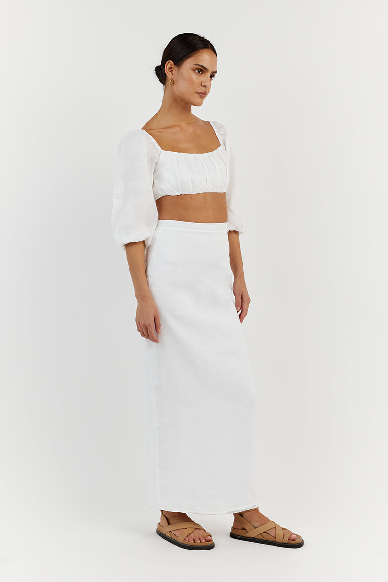 LILAH SLEEVED WHITE LINEN CROP TOP