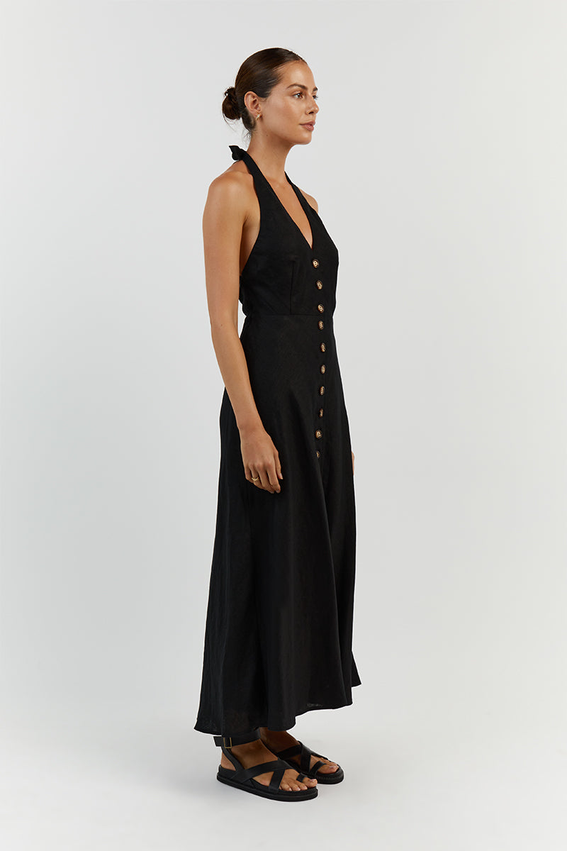 LOGAN BLACK LINEN MIDI DRESS