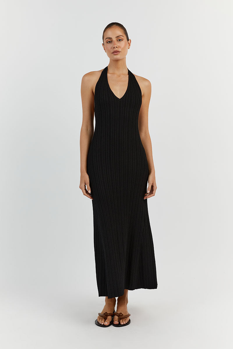 SIENNA BLACK PLUNGE HALTER MIDI