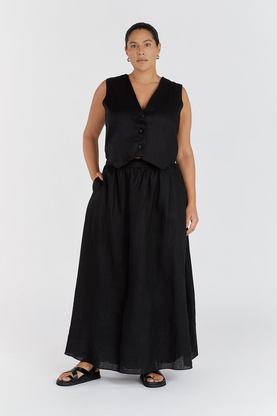 GEMIMA BLACK LINEN MIDI SKIRT