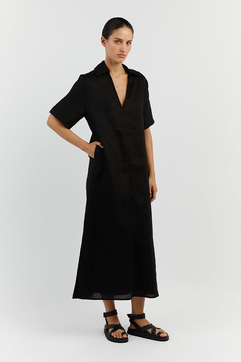 CANDICE BLACK LINEN MIDI DRESS