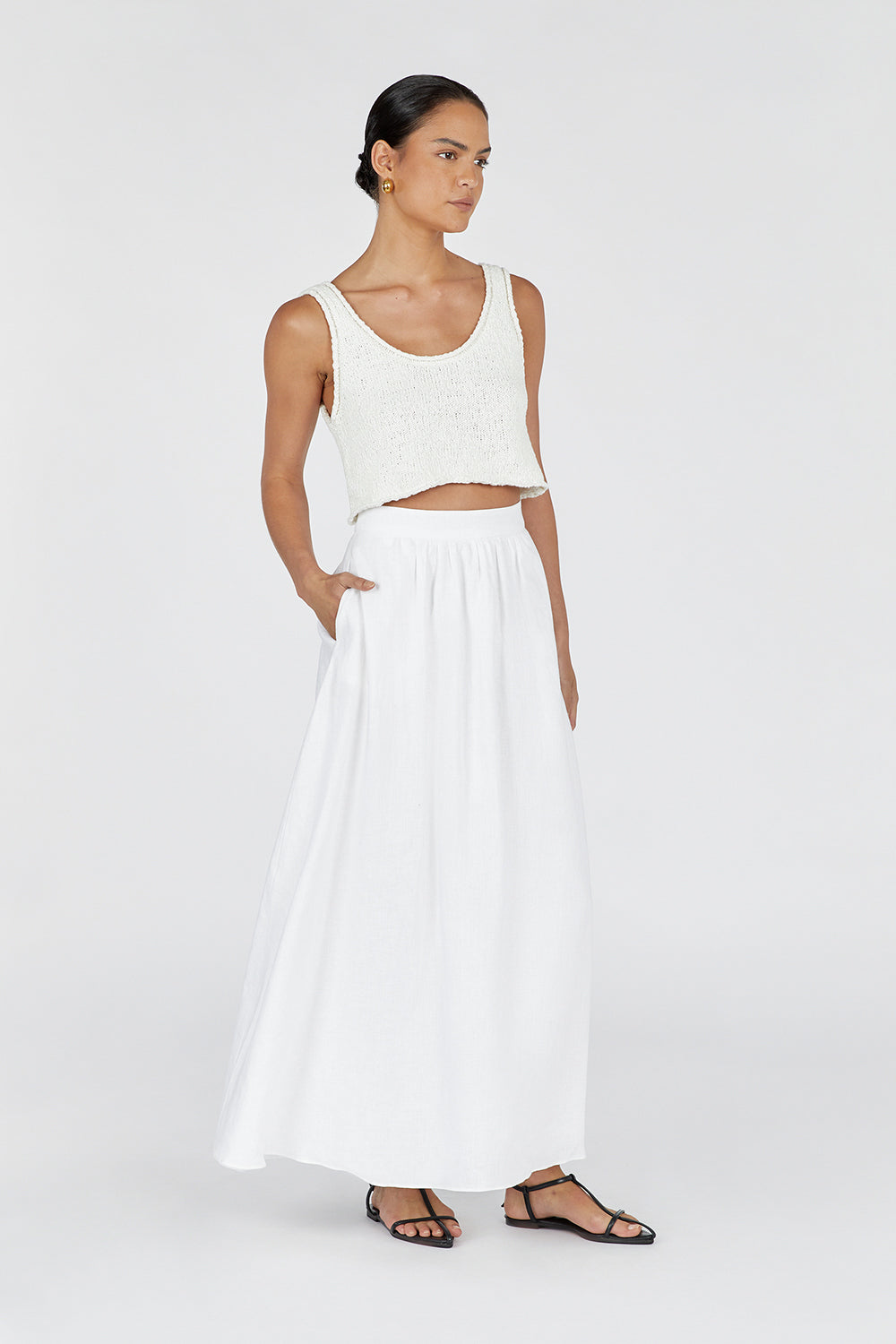 GEMIMA WHITE LINEN MIDI SKIRT