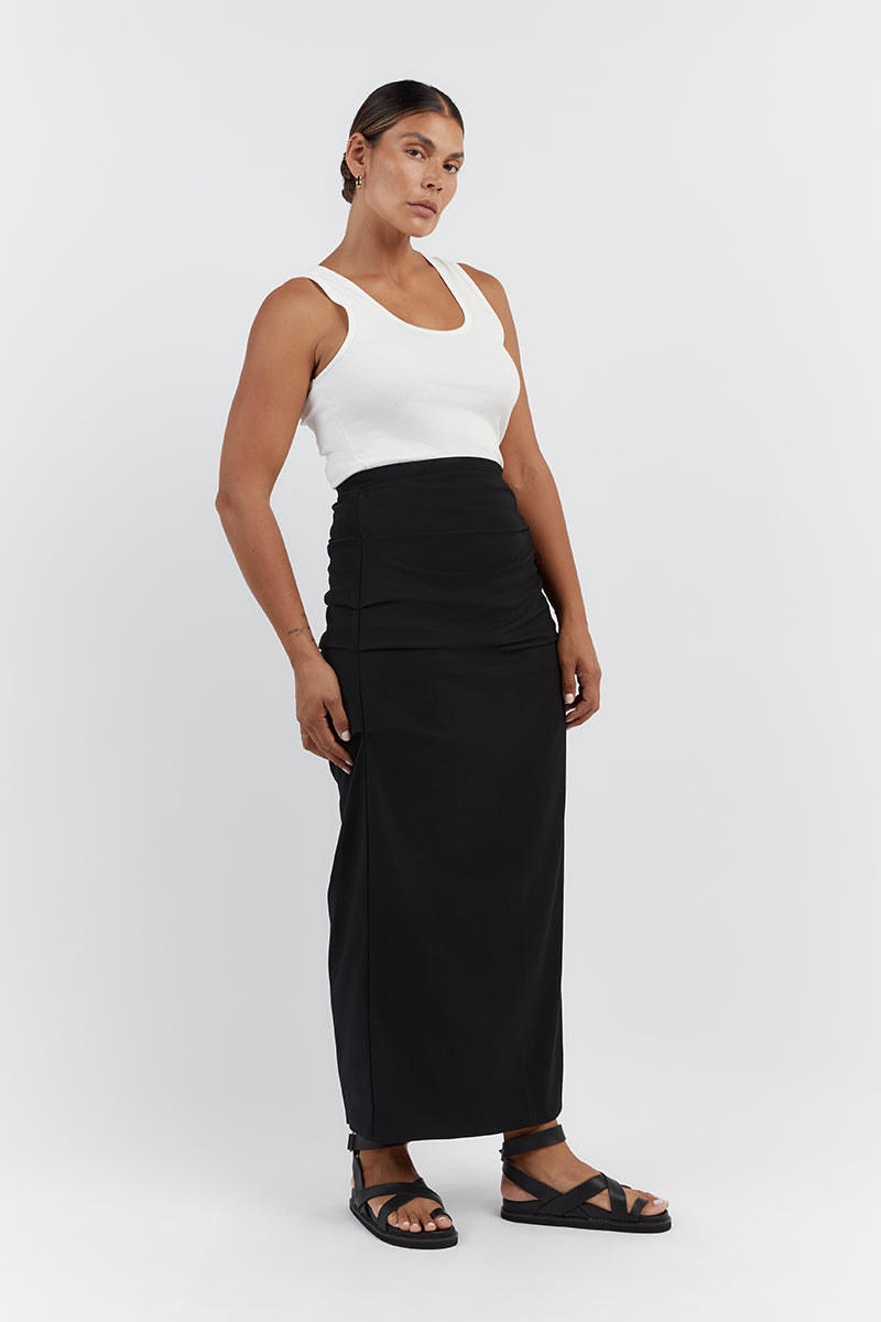 JAMIE RUCHED BLACK MIDI SKIRT