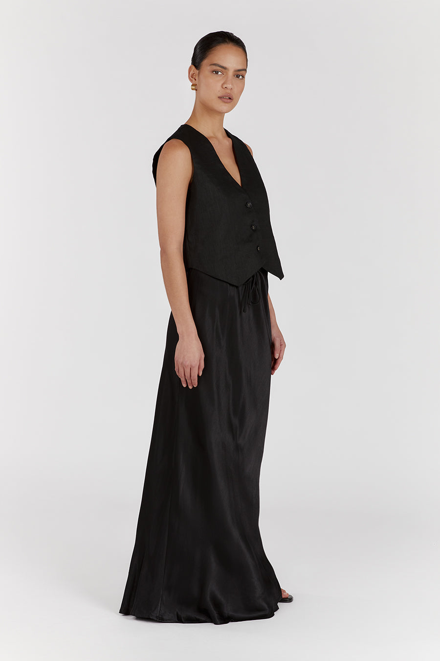 BLOOM SHINY BLACK SATIN MIDI SKIRT