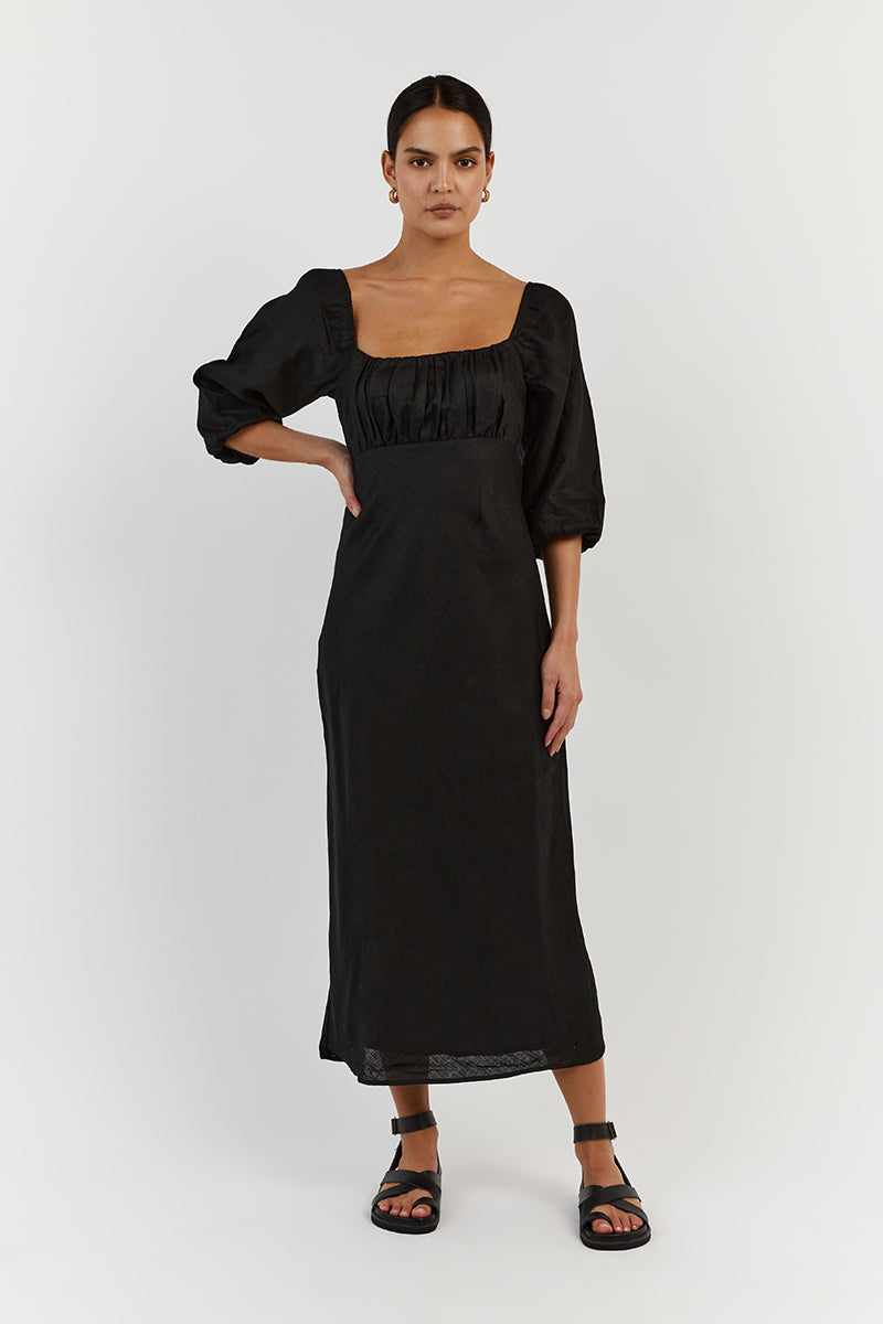 LILAH BLACK LINEN MIDI DRESS