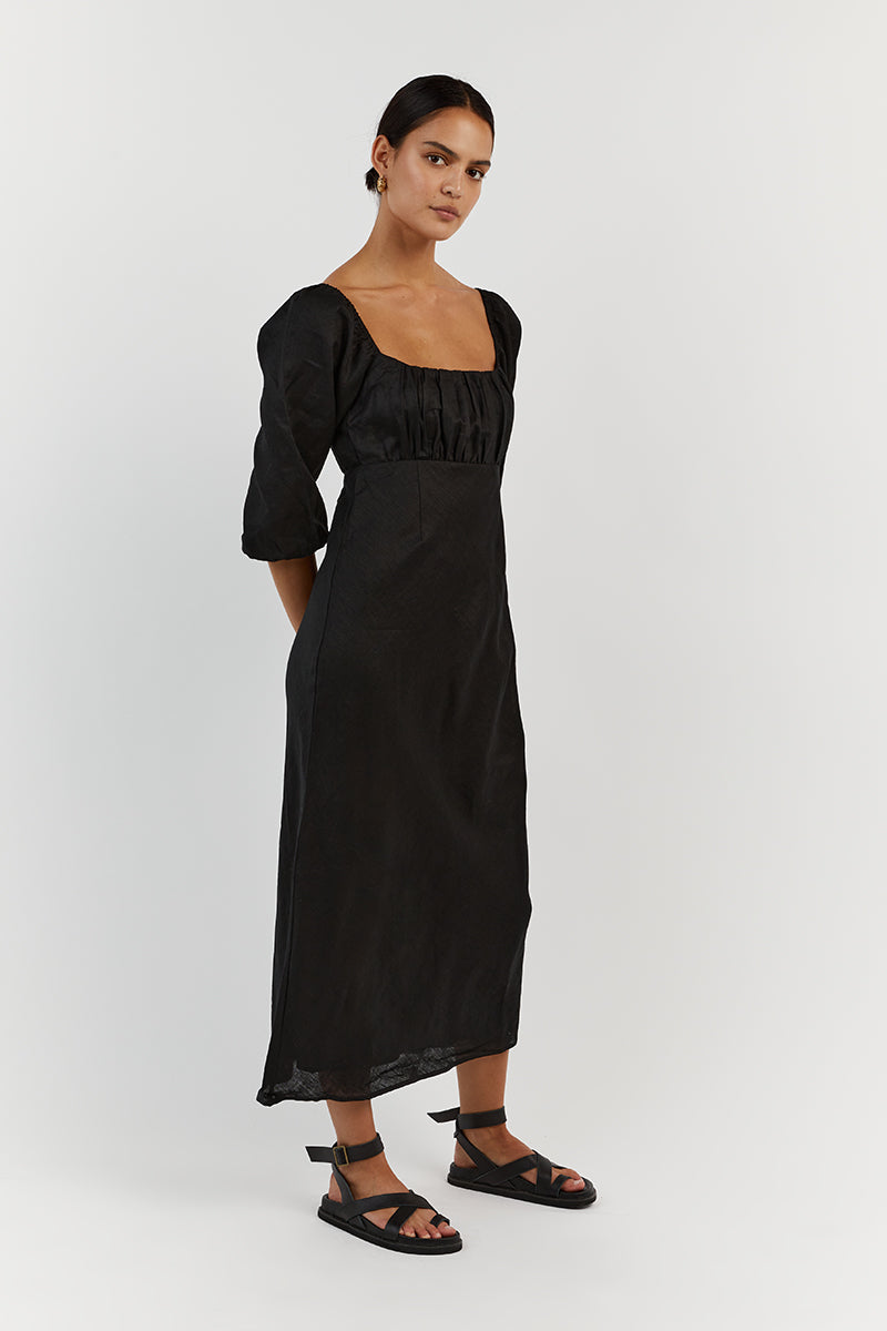 LILAH BLACK LINEN MIDI DRESS