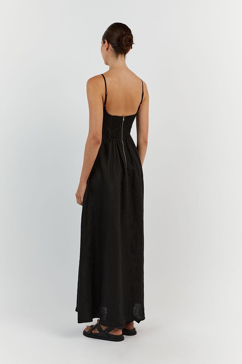 SUNNY BLACK LINEN MIDI DRESS