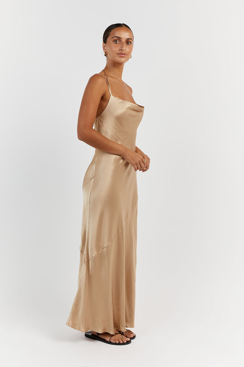 CHARLI GOLD SATIN MIDI DRESS