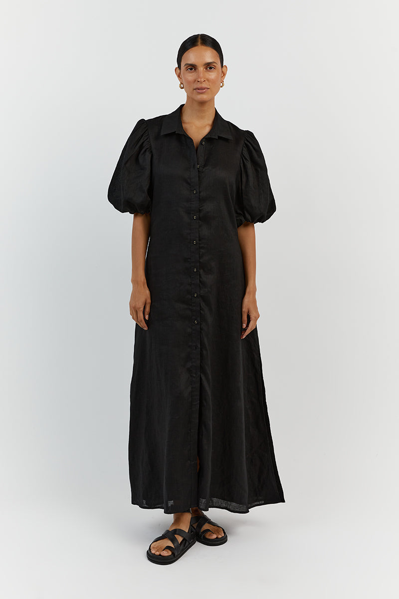 RAE BLACK LINEN SHIRT MIDI DRESS