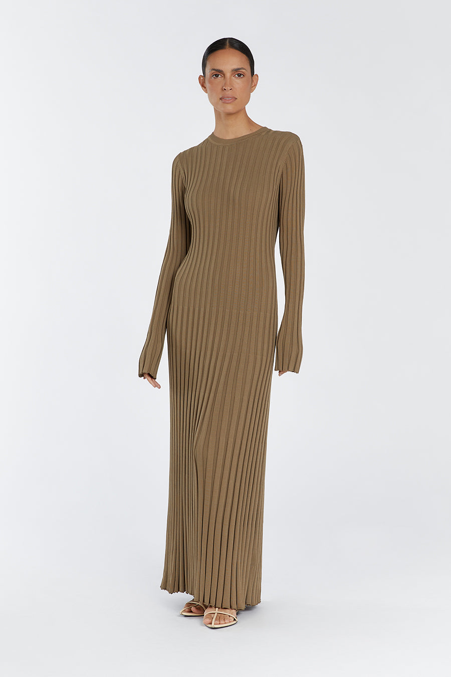 ADA KHAKI LONG SLEEVE MIDI DRESS