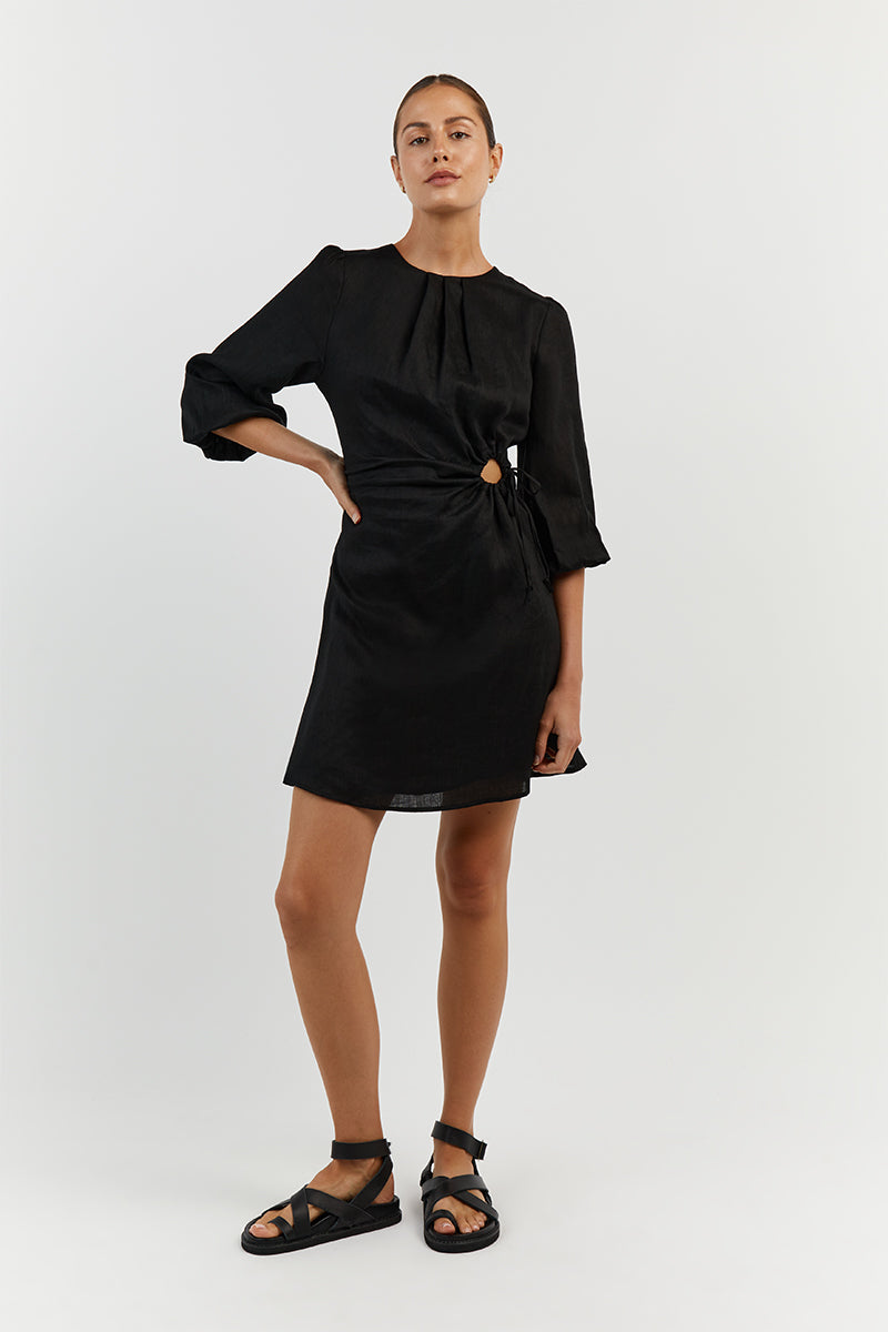 BEAU BLACK LINEN SLEEVED MINI DRESS