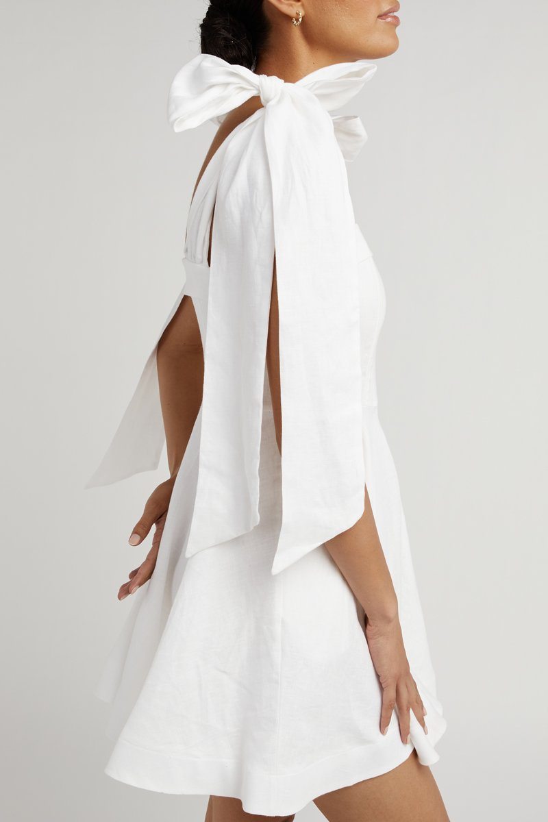 AISLE WHITE LINEN BOW MINI DRESS