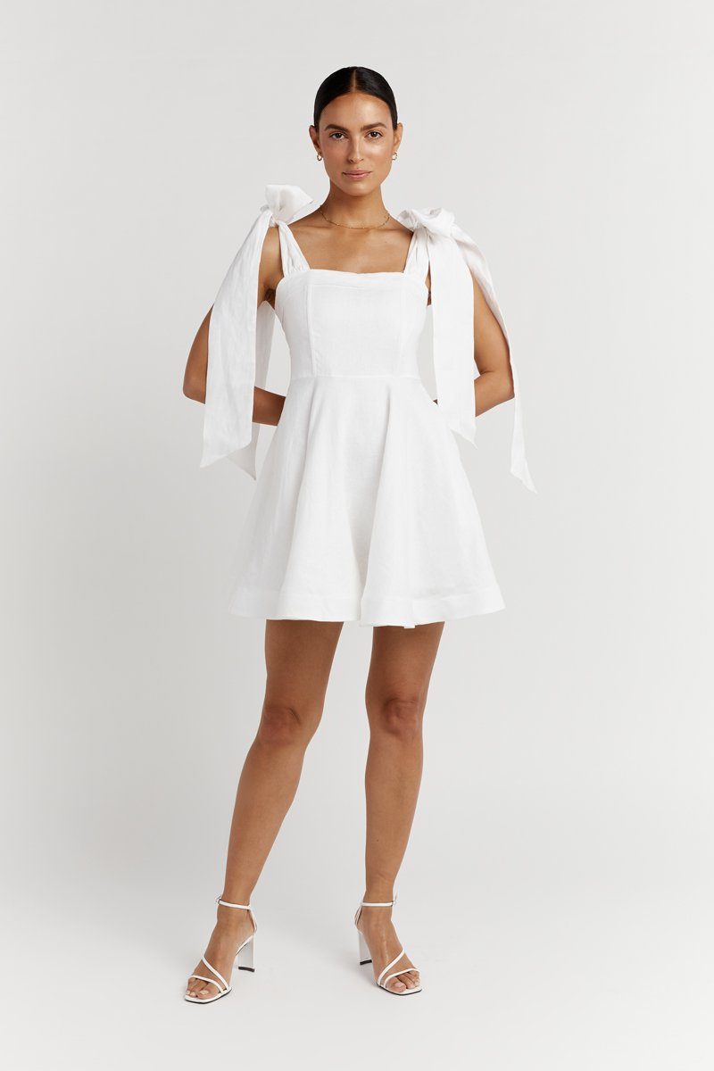 AISLE WHITE LINEN BOW MINI DRESS