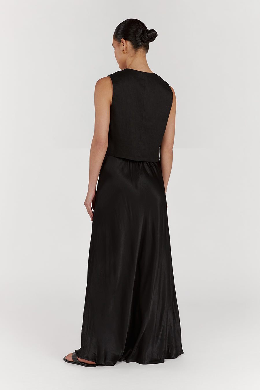 BLOOM SHINY BLACK SATIN MIDI SKIRT