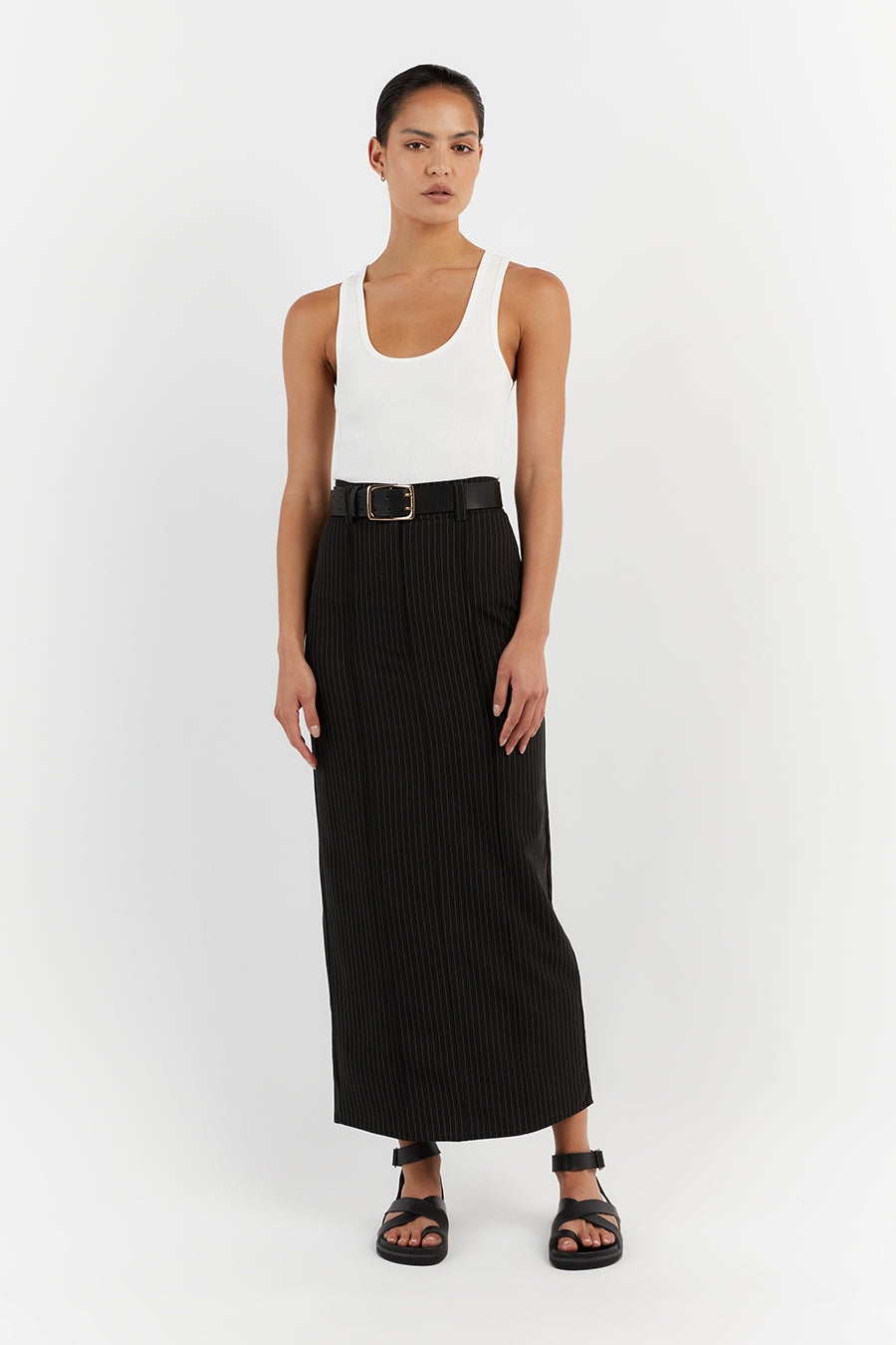 DIEGO BLACK PINSTRIPE MIDI SKIRT