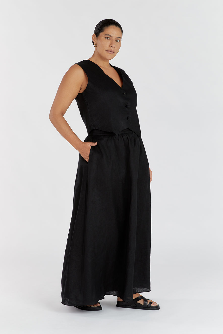 GEMIMA BLACK LINEN MIDI SKIRT