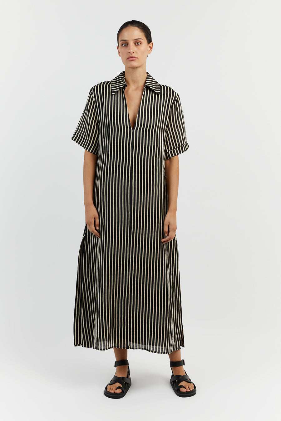 RORY BLACK LINEN SLEEVED MIDI DRESS