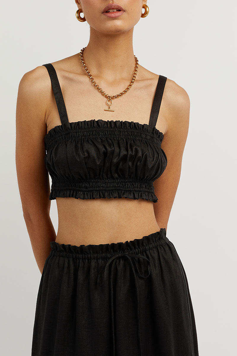 BONNIE BLACK GATHER LINEN CROP TOP