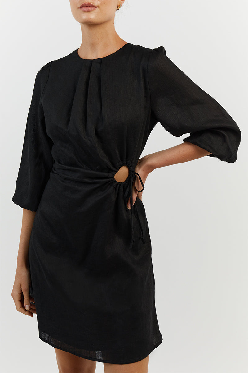 BEAU BLACK LINEN SLEEVED MINI DRESS