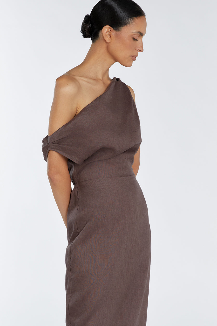 CASS CHOC LINEN ASYM MIDI DRESS