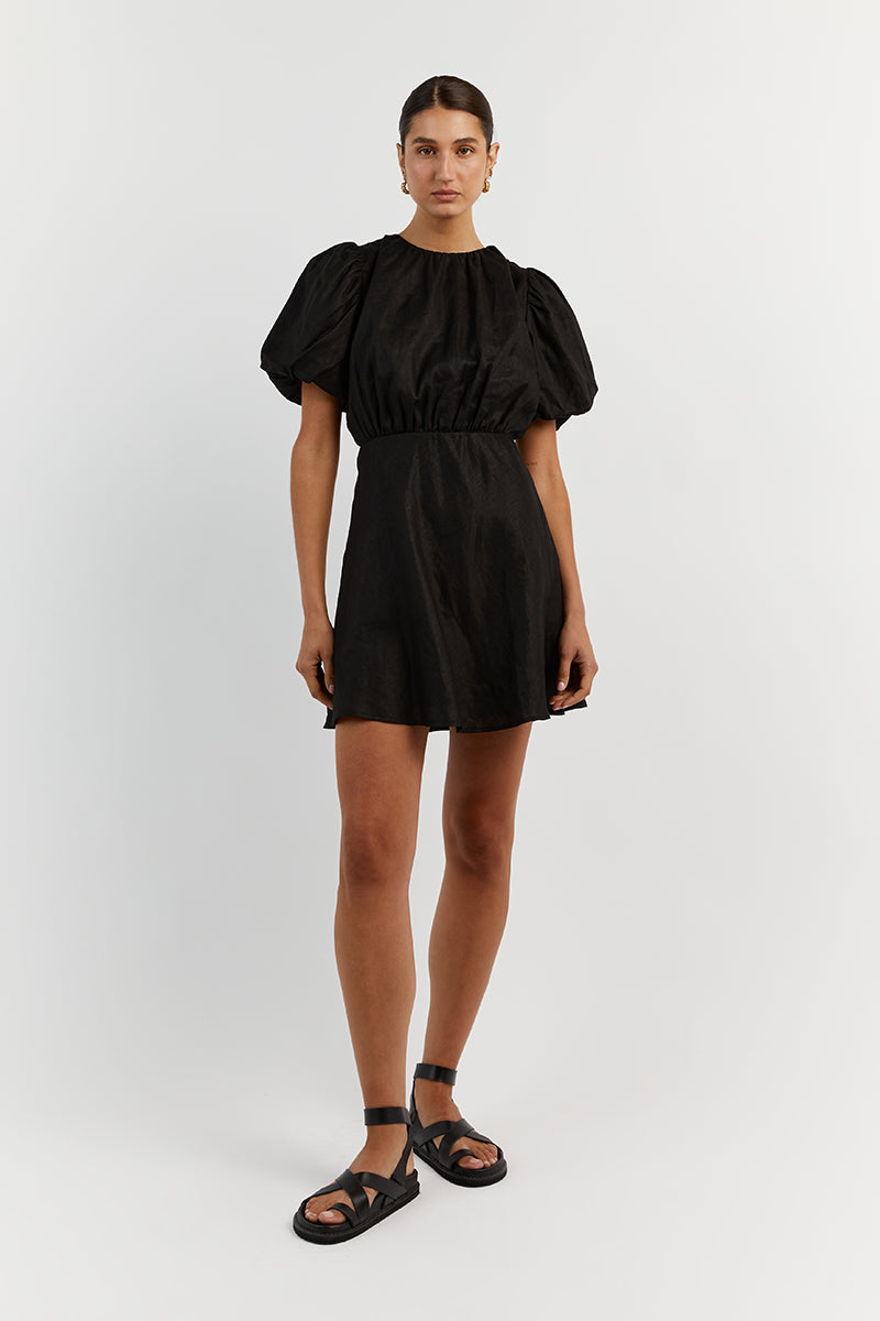 NAT BLACK GATHERED LINEN MINI DRESS